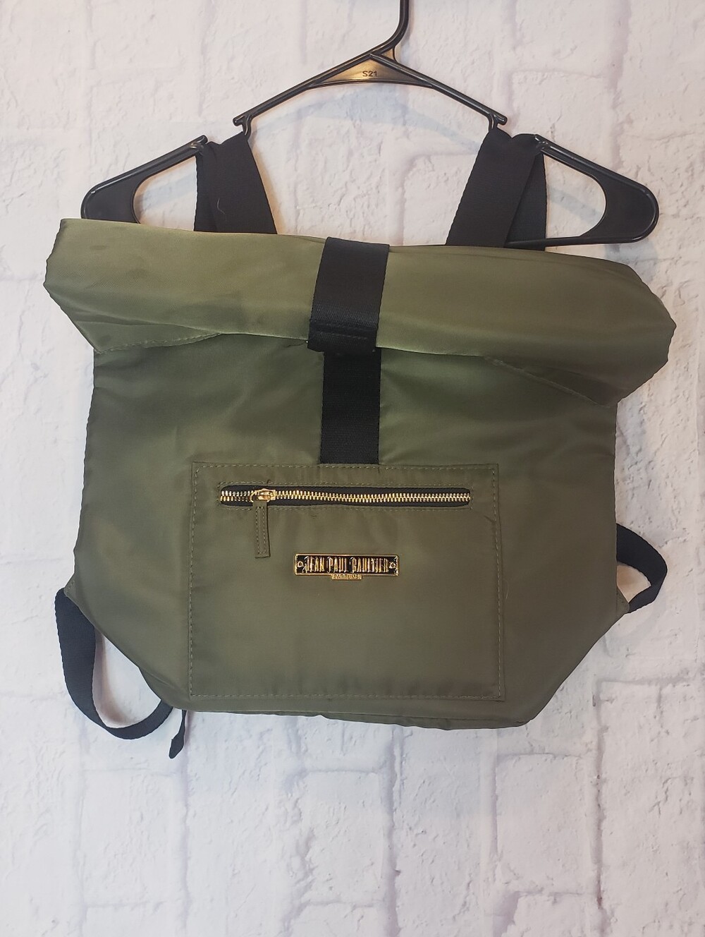 JEAN PAUL GAULTIER PARFUMS Roll-Top Nylon Backpack Olive Green/Orange Interior
